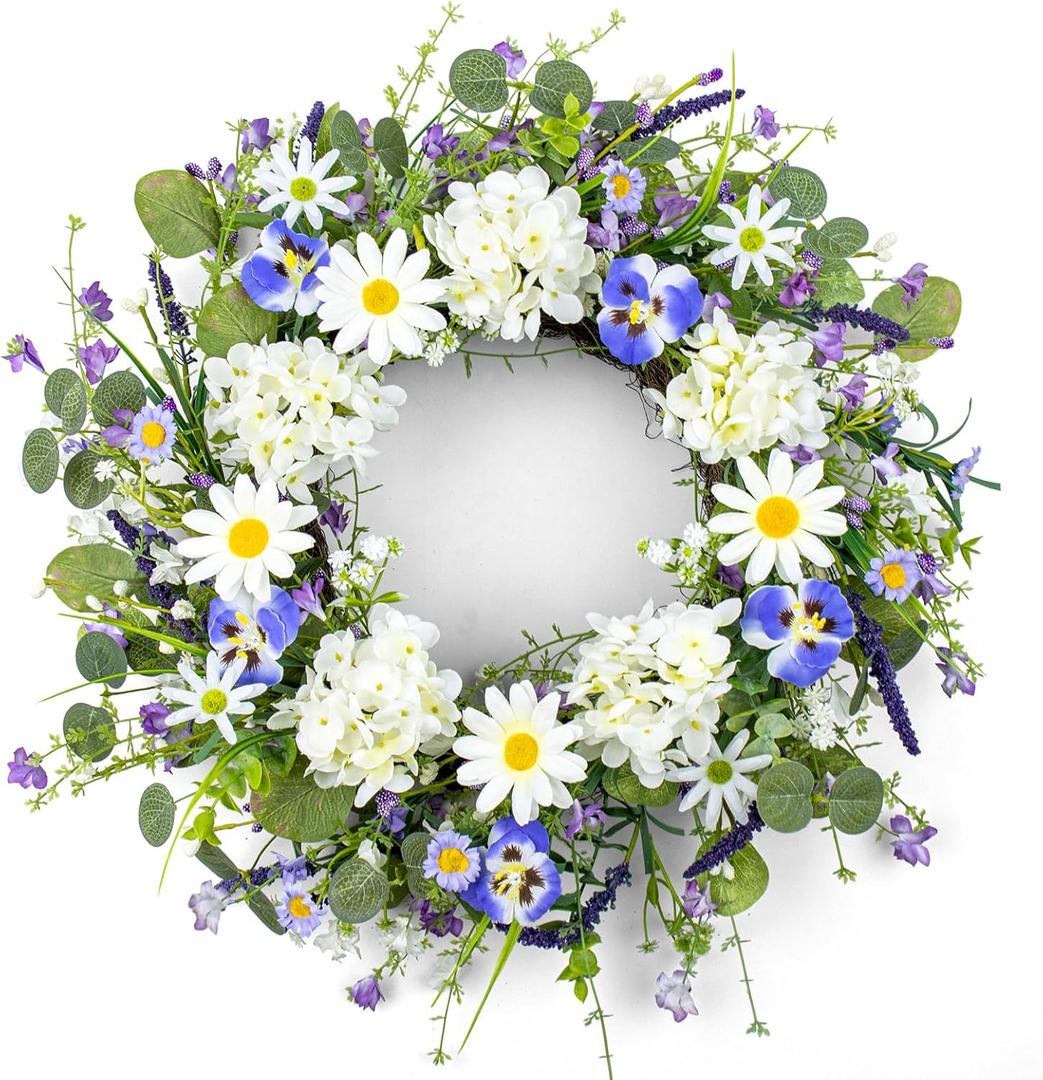 22 Inches Summer Wreaths for Front Door Spring Flower Wreath Farmhouse Spring Floral Wreaths Country Summer Door Wreath with Phalaenopsis Orchid Hydrangea Sunflower for Window Wall Porch Decoration (White Blue 2)