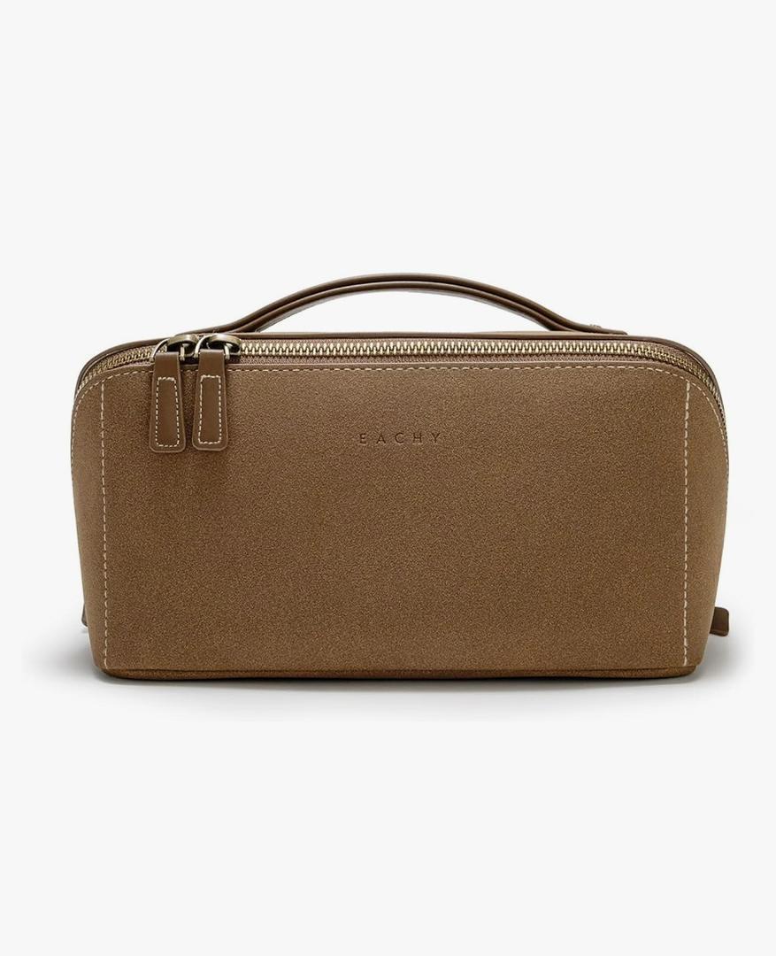 EACHY Travel Makeup Bag, Large Capacity Cosmetic Bag for Women, Waterproof PU Leather, Flat Open Portable Toiletry Bag for Skincare, Brushes & Travel Essentials