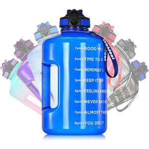 WEMEET 1 Gallon Water Bottle with Handle, 128oz LeakProof Reusable Gym Water Bottle with Capacity Scale, BPA Free, Ideal for Gym and Outdoor Life (Blue)