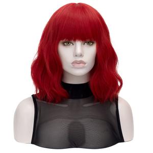 QACCF Short Wavy Shoulder Length Women Full Bang Heat Resistant Wig (Red)
