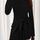 dowerme Women's Casual Mini Dress 2026 Bell Long Sleeve Boat Neck Tie Waist Bodycon Dresses Knitted Party Spring Outfits (Black, L)