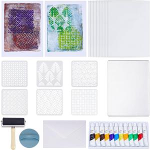 WEBEEDY Gel Printing Plate Kit Geometric Printmaking Supplies Includes 5x7 Inch Reusable Gelatin Plate,Stencils,Acrylic Paint,Essential Tools and Instruction for Adults Beginner Printmaking Supplies