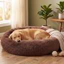 SAVFOX 36 inches Calming Donut Dog Bed - 3X Durable Plush Faux Fur, Machine Washable & Non-Slip, Fits up to 100 lbs, Brown