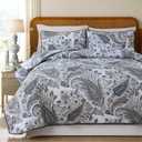 100% Cotton Quilt Sets Queen Grey Paisley Bedding Sets 3 Pcs Reversible Coverlet Bedspread Paisley Floral Bedspread for All Season, Lightweight, Ultra Soft
