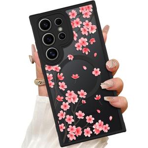 ZIYE Magnetic Case for Samsung Galaxy S24 Ultra 6.8 Inch [Compatible with MagSafe] Hard PC and Soft TPU Case with Cherry Blossom Pink Floral Anti-Scratch Shockproof Protection Phone Cover for Women