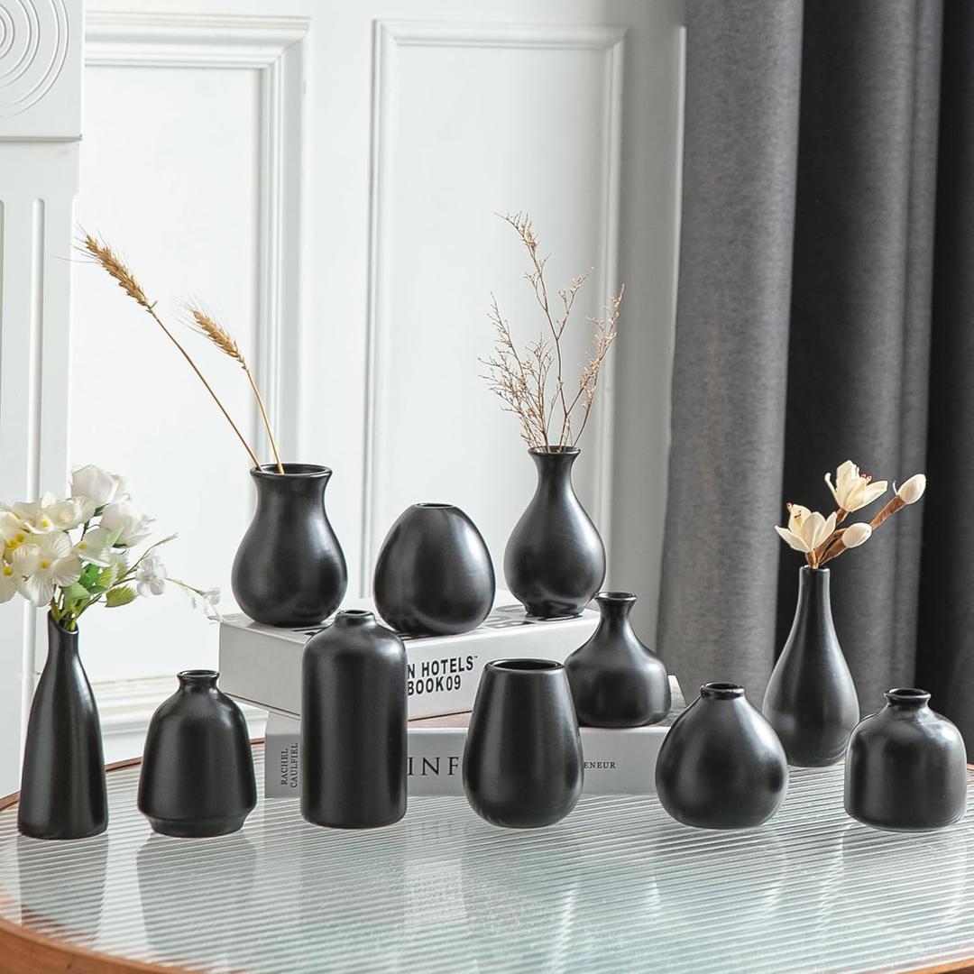 Black Bud Vases, Small Ceramic Vase Set of 11, Mini Pottery Vases for Flowers, Decorative Pieces for Home Modern Decor, Boho Decor, Chic Accents for Living Room Dining Table Shelves