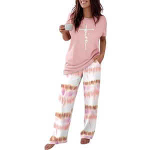 CHICME Womens Pajamas Sets 2 Piece Short Sleeve Lounge Set Printed Loose Pants Pj Sets Loungewear Set Size XXL