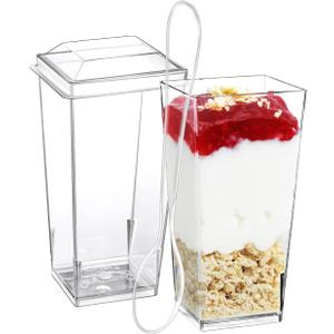 SHOPDAY 3 oz Mini Dessert Cups with Lids and Spoons 50 Pack, Small Plastic Dessert Cups for Party, Clear Square Cups for Parfait Yogurt, Shooter Cups Tumbler Cups for Appetizers Jello Mousse