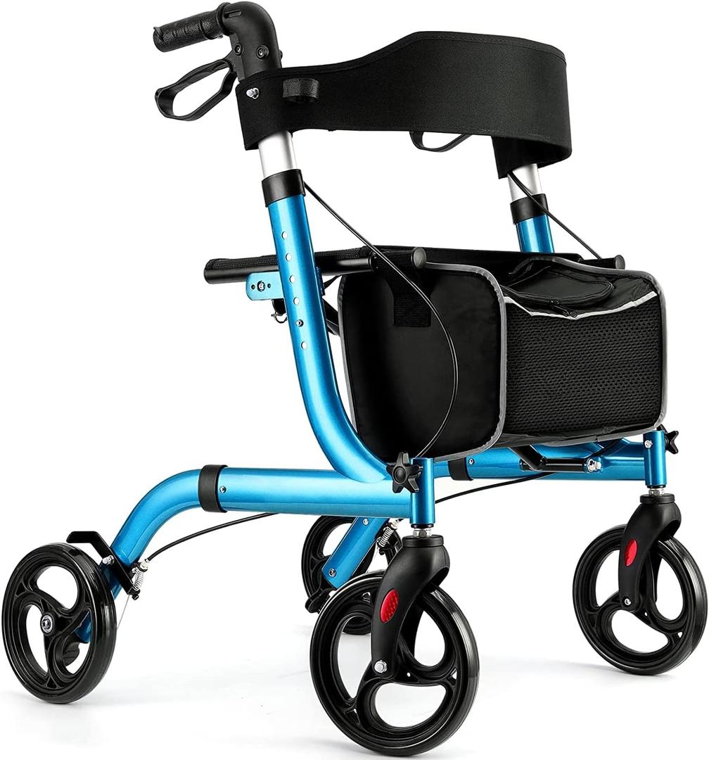 Rollator Walkers for Seniors- Rollator Walker with Seat 8" Wheels- Easy Folding Senior Walker with Backrest- Lightweight Mobility Walking Aid for Adult Elderly, Aluminum Frame, Blue (Plastic tires)