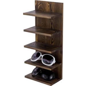MyGift 5 Tier Rustic Burnt Solid Wood Sunglasses Holder Rack, Wall Mounted Eye Glasses Shelf or Tabletop Display Stand, Retail Eyewear Showcase Storage Organizer (Burnt Wood)