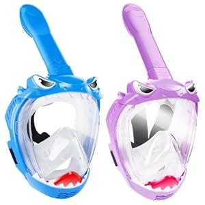 Snorkeling Gear for Kids, Full Face Snorkel Mask, Kids Snorkeling Set Featuring Anti-Leak and Anti-Fog Foldable Dry Top for Safe Underwater Adventures, 2 Pack
