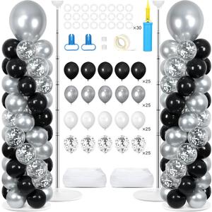 2 Sets Black and Silver Balloon Column Stand Kit with 100 Balloons Graduation Adjustable Tower Stand with Base for Floor Spring Mother's Day Column for Birthday Wedding Party Decor