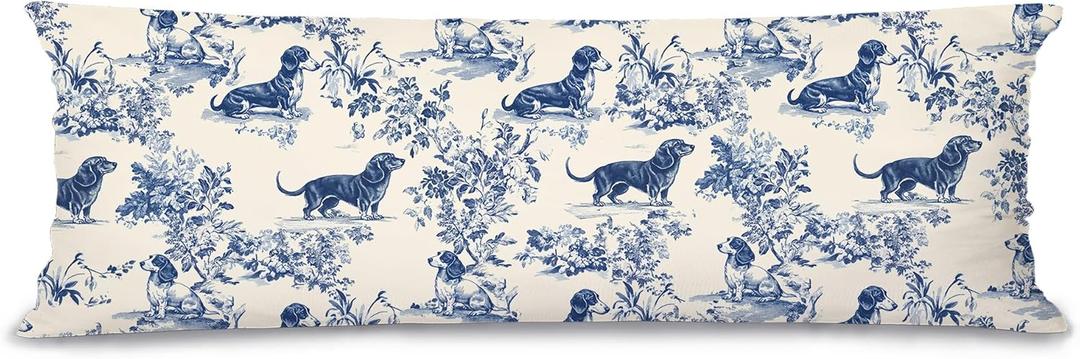 Blue Chinoiserie Dachshund 20x54 Body Pillow Cover with Zipper, Weiner Dog Gifts, Grandmillennial Home Decor, Blue and White Floral Dog Long Body Pillow Pillowcase for Couch Bed, Double-Sided