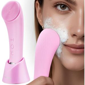 PRITECH Facial Cleansing Brush, Rechargeable Silicone Face Scrubber with Heat Massage End, Vibrating Exfoliator Scrubber for Deep Cleaning, Waterproof Face Brush for Women and Men (Pink)