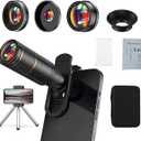 Phone Camera Lens Kit Upgraded Version  Includes 22X Telephoto Lens, 205 Fisheye Lens, 0.67X Wide Angle Lens, 25X Macro Lens, Clip & Mini Tripod for iPhone and Android Phones