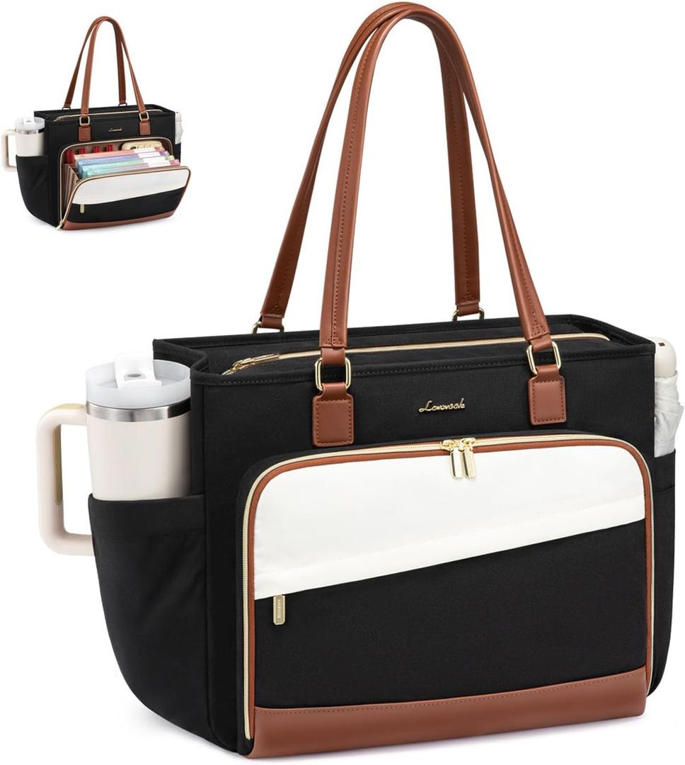 LOVEVOOK Teacher Tote Bag, Laptop Bag for Women with Large Cup Holder & Accordion File Area, Work Tote Bag for Business (15.6 inch, Black-beige-brown)