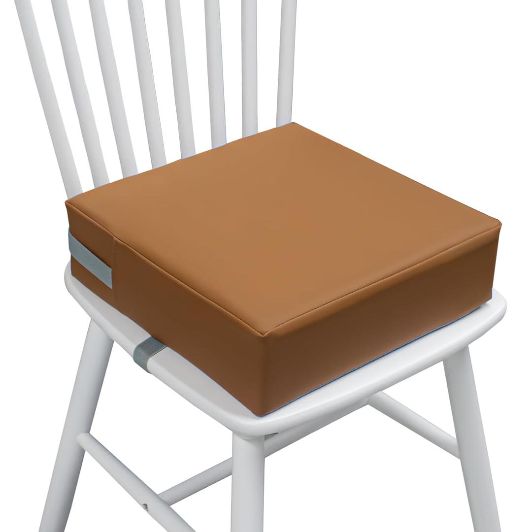 Toddler Booster Seat for Dining Table, 2 Elastic Seat Belts, Anti-Scratch PU Skin-Friendly, Waterproof, Anti-Wrinkle, Detachable Non-Slip Bottom - Brown