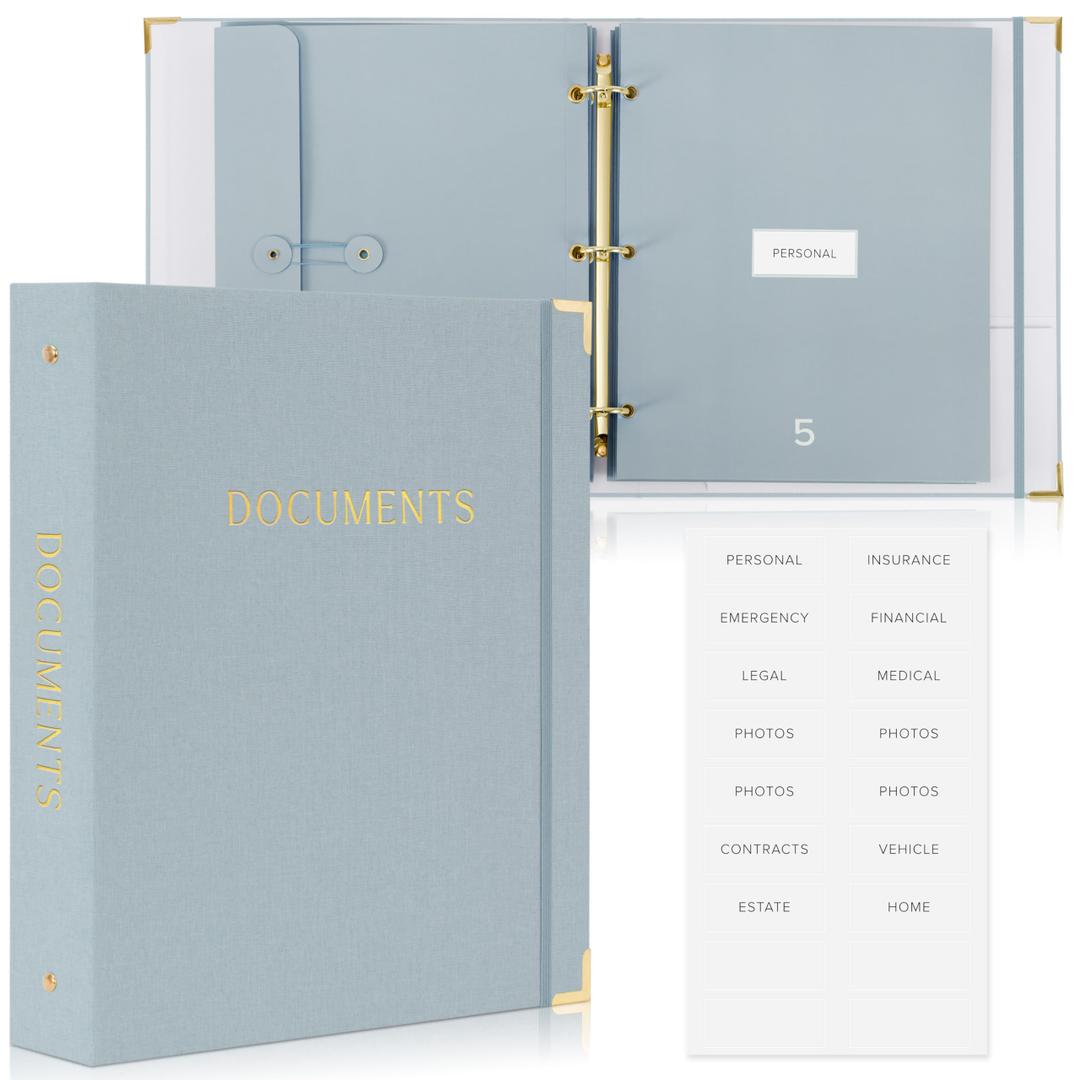 Sturdy Document Organizer Set with Folders - Beautiful Linen 3-Ring Binder Safely Stores All Important Documents & Files in One Place - Easy to Use Expanding Storage Incl. Envelopes, Pockets & Labels, Blue