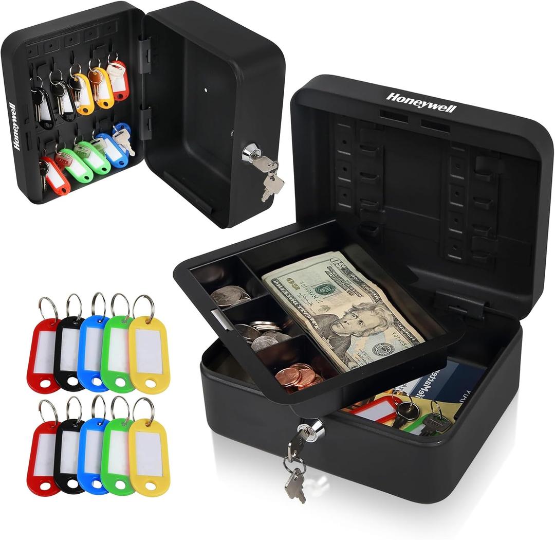 Honeywell Safes & Door Locks - Convertible Small Cash Box with Removable Money Tray - Durable Lock Box with Storage Under Tray & 10 Key hooks - Metal Money Safe with Key Lock - Black, 0.1 CU - 6111 (6.6x7.9x3.5)