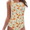 Athletic One Piece Swimsuit Women Modest Criss Cross Back Bathing Suit Quick Dry Full Coverage Swim Suit (10-12, 2 Orange Floral)