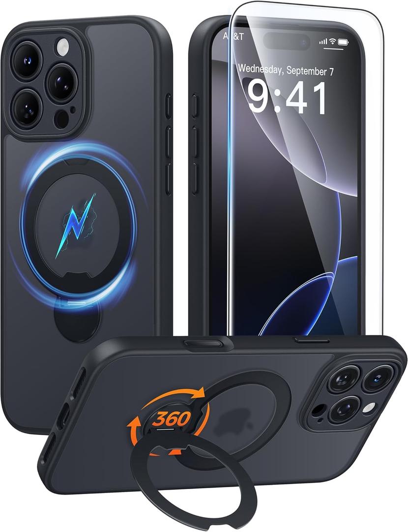 FNTCASE for iPhone 16 Pro-Max Case: [360 Spin Magnetic Stand] [Compatible with Magsafe] [Screen Protector] Translucent Matte Military Grade Shockproof Full Camera Protective Phone Cover - Black