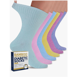 Pembrook Ribbed Knit Bamboo Viscose Diabetic Socks - 6 Pairs Crew Neuropathy Socks for Women | Diabetic Socks for Women