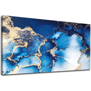 Abstract Blue Gold White Ocean Canvas Wall Art Modern Coastal Sea Pictures Wall Decor Nature Landscape Painting Artwork for Living Room Bedroom Kitchen Office Wall Decoration Ready to Hang 20" x 40" (40L" x 20W", Abstract Blue Ocean)