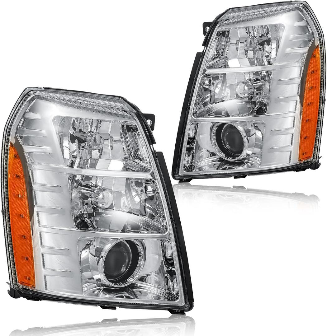 Headlight Assembly, Headlights Kit Compatible with 2007-2014 Cadillac Escalade/2007-2014 Escalade ESV/2007-2013 Escalade EXT Replacement Headlamp Chrome Housing Amber Reflector