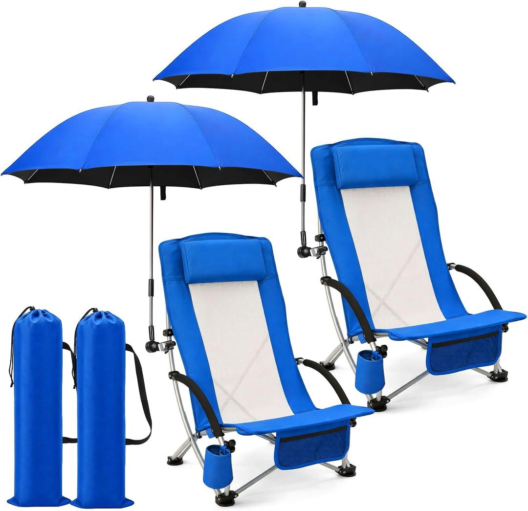 Colingmill 4 Pcs Low Beach Chair with Umbrella Camping Chair Backpack Folding Recliner Mesh Back with Headrest Cup Holder Carry Bag for Summer Tent Picnics Outdoor Travel Barbecues (Ocean Blue), multisize