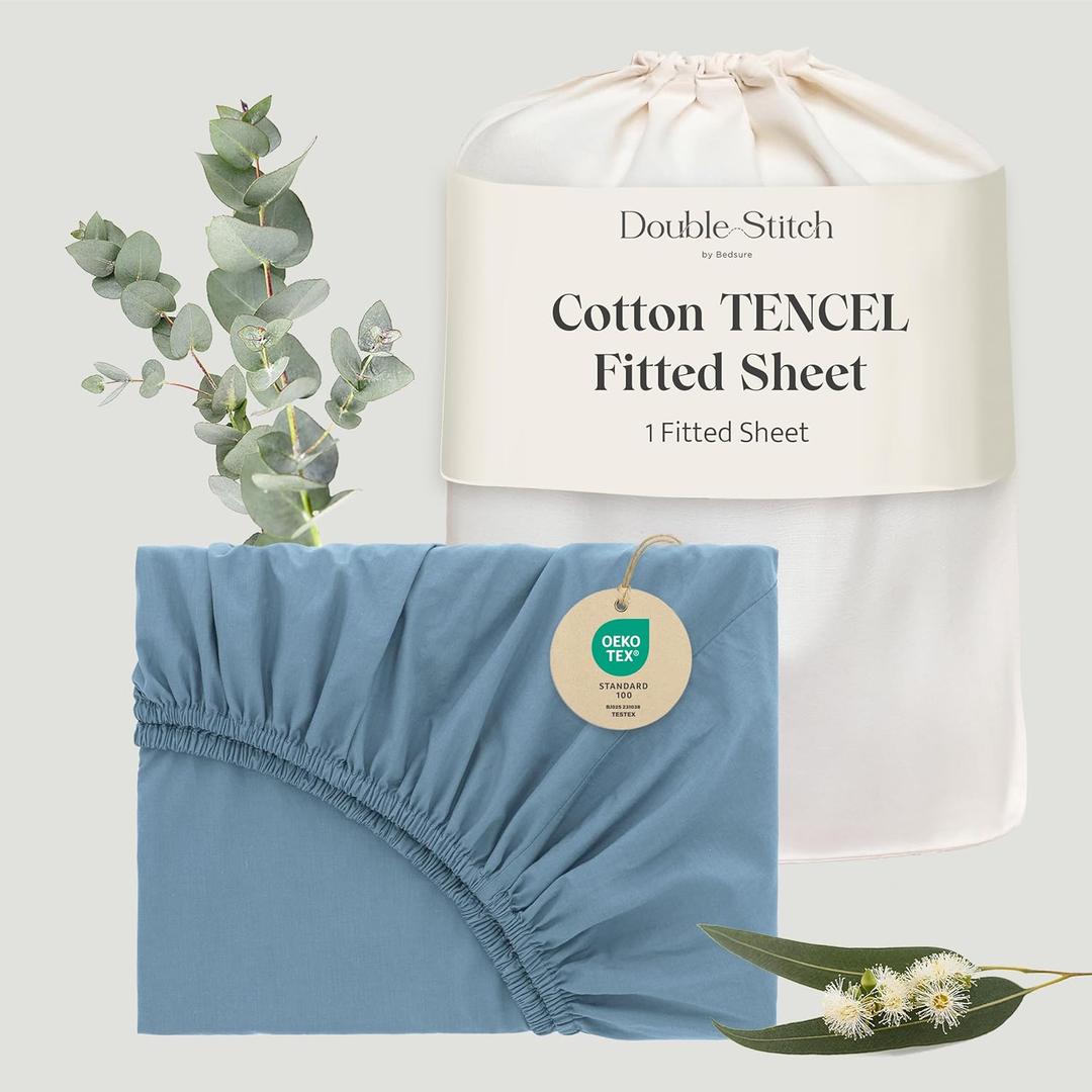 Double Stitch Cotton Tencel Fitted Sheet Queen - Crisp, Smooth & Cooling for Hot Sleepers, Hotel Collection Bedding, Queen Fitted Sheet Only, Deep Pocket up to 16", 60" x 80", Windward Blue