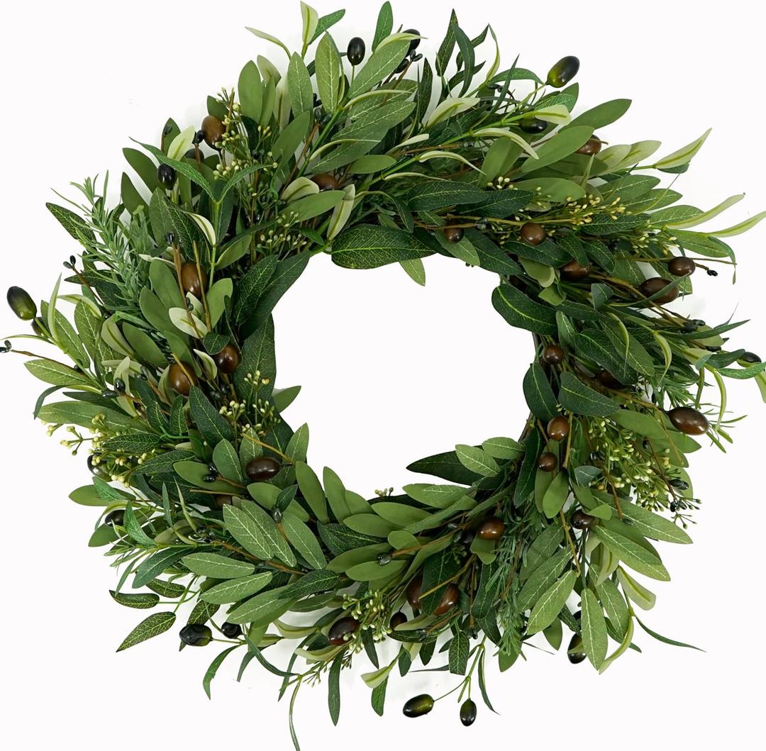 AMF0RESJ Artificial Green Olive Wreath for Front Door Greenery Wreath with Olive Leaves, Bean for Spring Summer Fall All Season Indoor Outdoor Farmhouse Home Wall Window Festival Wedding Decor