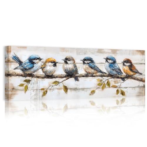 ARTZGX Bird Canvas Wall Art Colorful Birds on Branch Pictures Wall Decor Rustic Sparrow Artwork Painting for Living Room Decor Frame(White 8L x 24W)