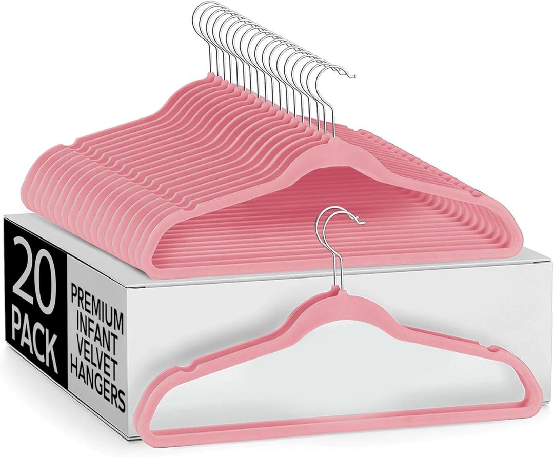 Premium Baby Velvet Hanger, 11, 20 Pack, Non-Slip Baby Hangers, Space Saving, Infant, Ultra Slim, Closet Organization, Children Clothes, Closet Toddler - Pink