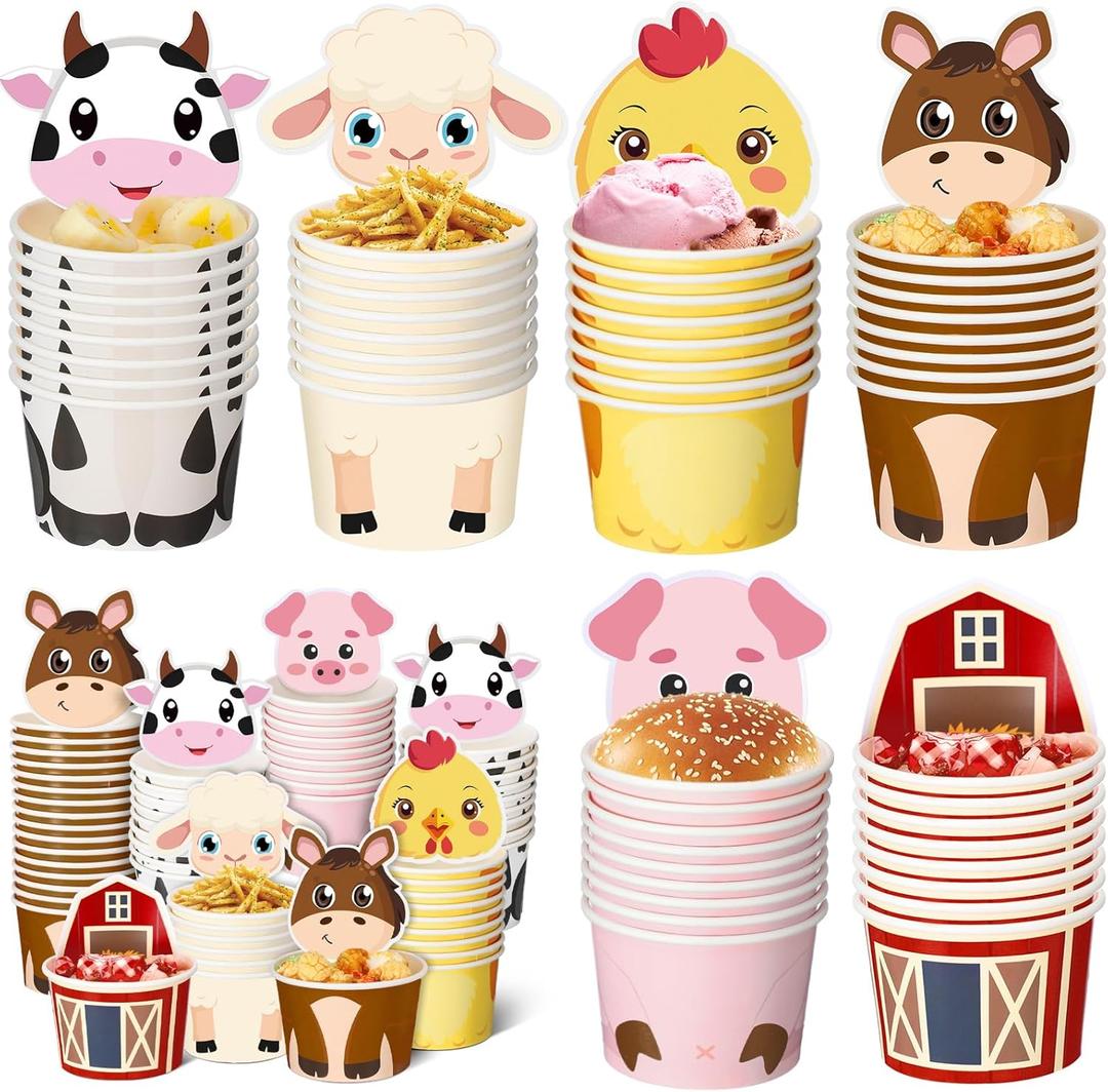 120 Sets Farm Animal Birthday Decorations Farm Birthday Party Paper Snack Cups with Card 8 oz Disposable Paper Animal Food Bowls Treat Ice Cream Cups for Baby Shower Party Supplies