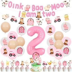 Fangleland Pink Farm 2nd Birthday Decorations for Girls - Oink Baa Moo I’m Two Farm Animal Theme Birthday Party Supplies with Banner Garland Balloons Cake Toppers Cupcake Toppers