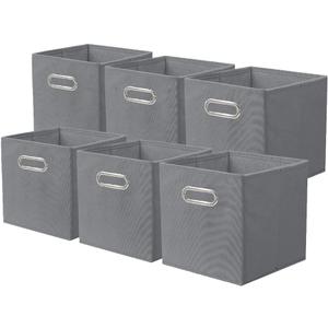 powerking Fabric Storage Box Bins, 6 Pack Foldable Cloth Storage Cube Organizer Drawer with Metal Handle For Closet And Toys Storage,Grey