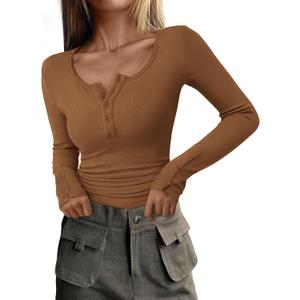 PRETTYGARDEN Women's 2025 Summer Long Sleeve Henley T Shirts Ribbed Knit Button Slim Fitted Basic Casual Going Out Fall Tops (Brown, M)