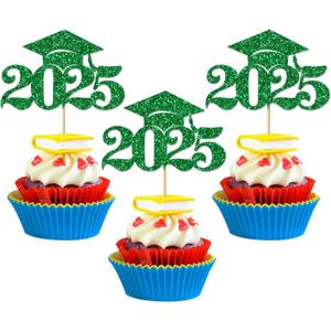 Graduation Decorations 2025-24Pcs Green Glitter 2025 Graduation Cap Cupcake Toppers for Class of 2025 Party Decorations