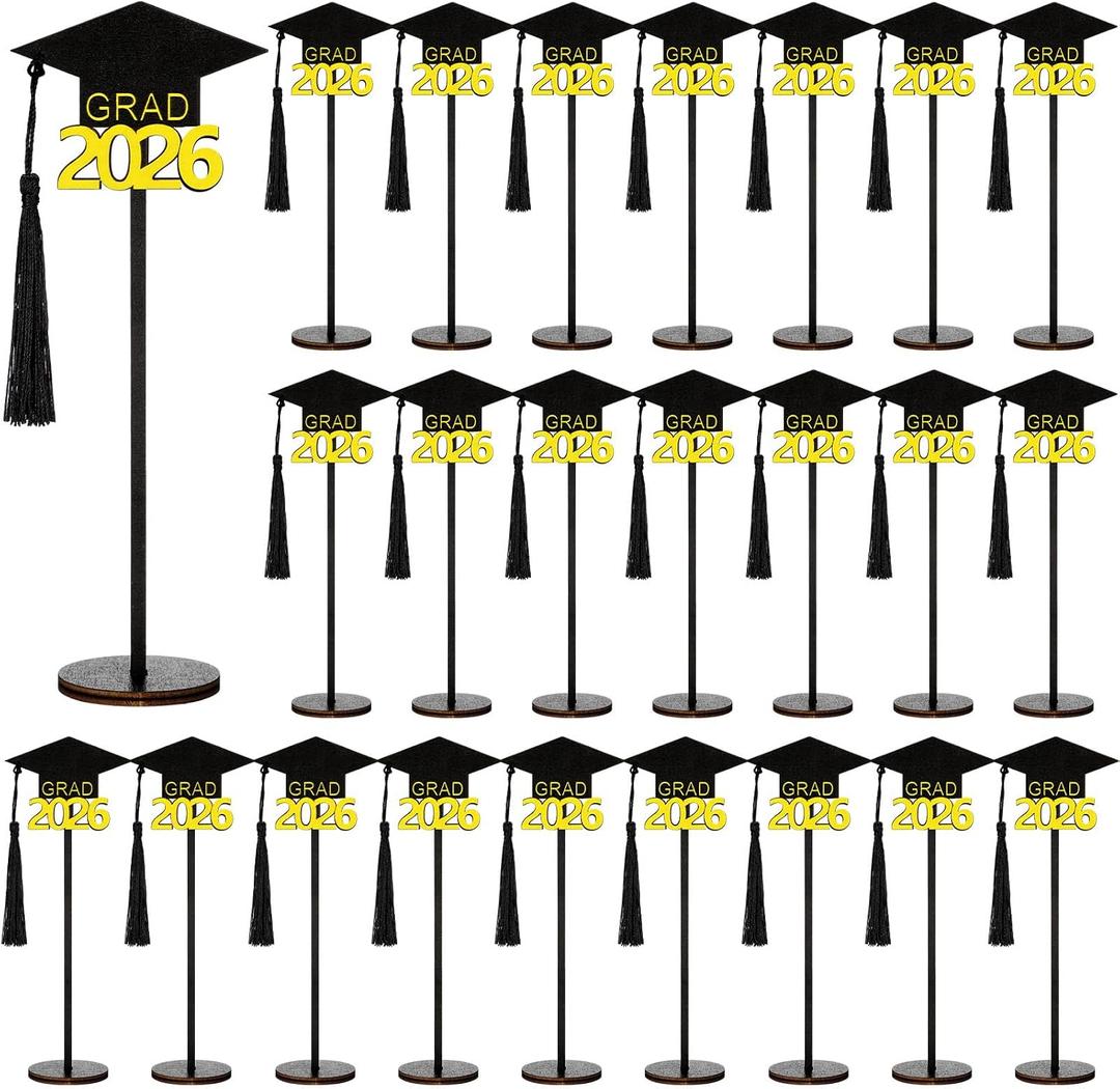 Beeveer 24 Pcs Graduation Cap Picture Holder Wooden Table Holders Wire Photo Holder Clips Picture Graduation Table Number Holders Black Gold Grad Centerpieces for Class of 2026 Grad Party Supplies