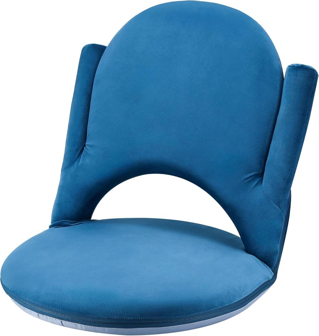 Nnewvante Floor Folding Chair Armrest, 42 Position Back Support Adjustable Floor Seat Washable Stackable Cushion for Class Meditation Playing Adults Kids,Ctystal Velvet Navy Blue (Navy Blue-w' Armrest)