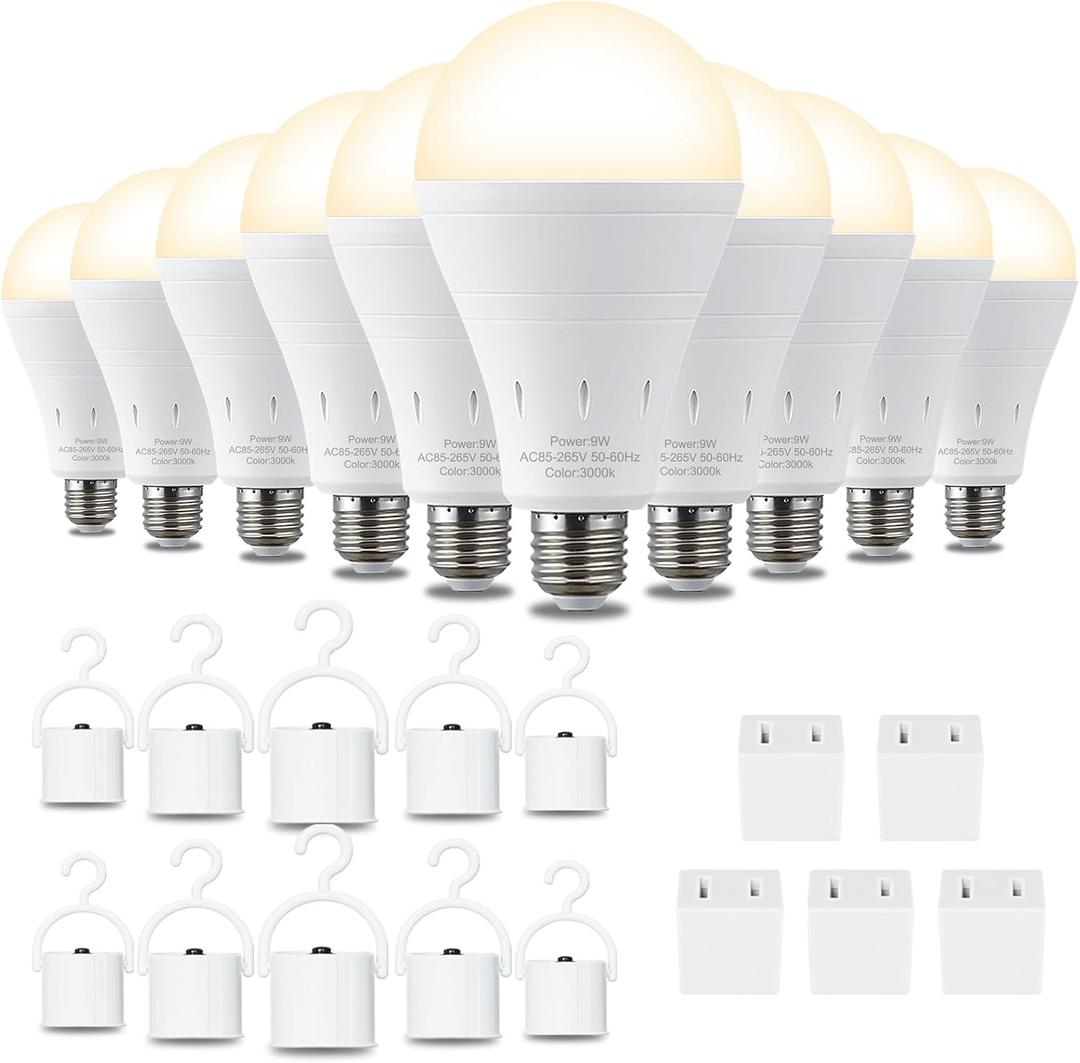 DEBAOBULB 10 Pack Rechargeable Emergency Light Bulbs, Battery Powered LED Light Bulb 3000K Warm E26 120 Volt 9W 60W Equivalent with 1200mAh for Home Power Outage Camping Hurricane