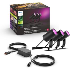 Philips Hue Lily Outdoor Smart Spotlight Base Kit, 3 Pack, White and Color Ambiance LED Walkway Lights, Low Voltage Landscape Lighting, Requires Bridge, Control with App & Voice, Weatherproof