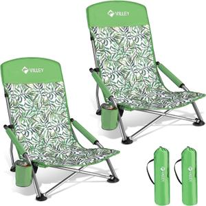 VILLEY Low Beach Chairs for Adults 2 Pack, High Back Folding Chairs, Lightweight and Portable for Outdoor, Camping, Lawn, with Cup Holder and Carry Bag - Green Tropical Leaves, 26.4 inches x 22.4 inches x 31.5 inches