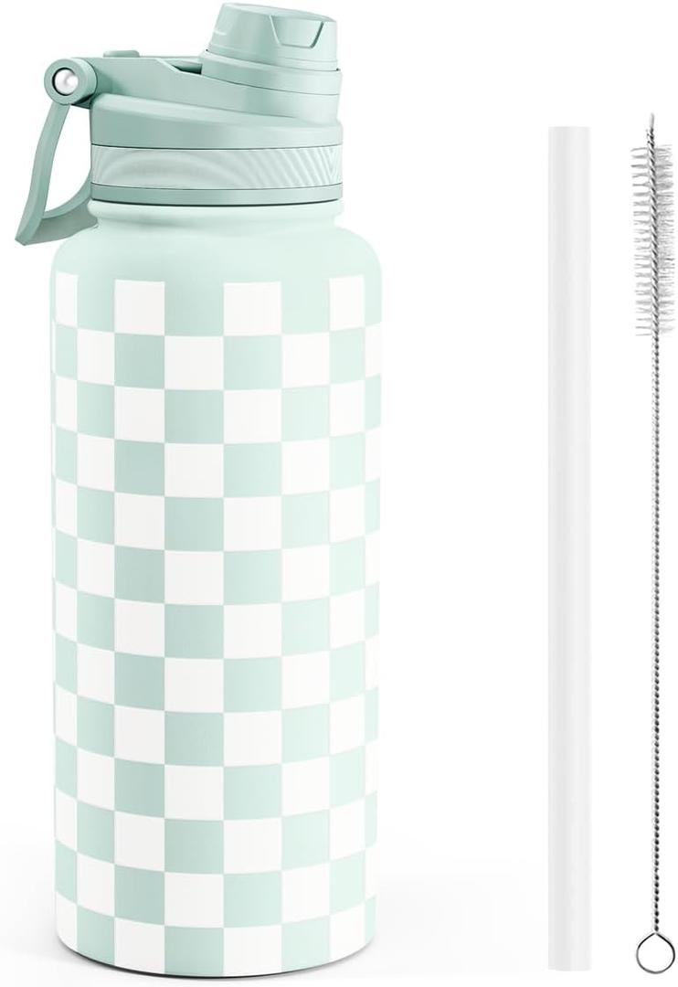 Checker Stainless Steel Water Bottle with Strap 32oz, Insulated Bottles with Straw and Spout Lid for Gym Sports Travel Outdoor, Gifts for Women Girls Birthday Christmas