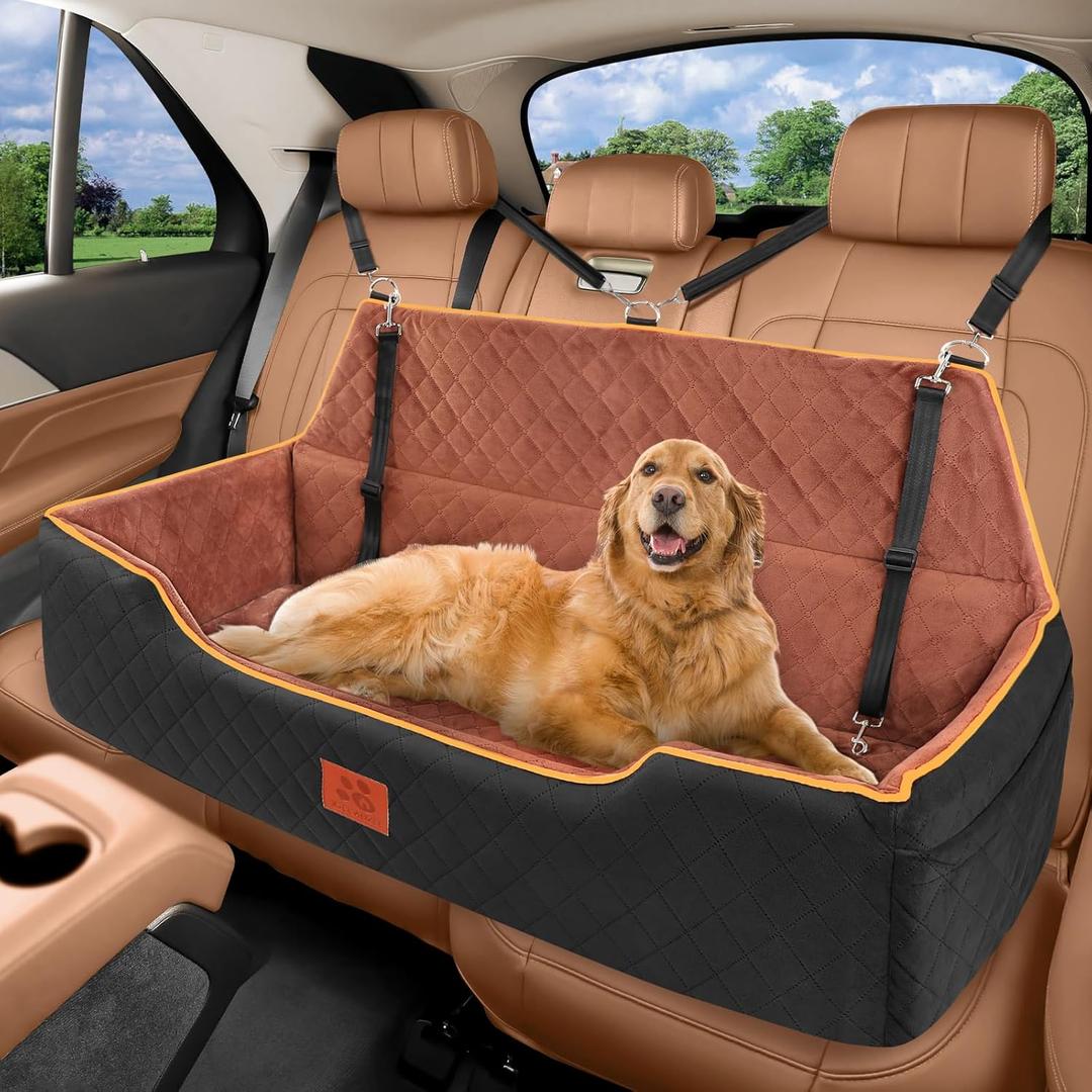 Large Dog Car Seat for Dods Under 100 Lbs, Memory Foam Dog Car Bed for Backseat & Trunk, Detachable and Washable Cover, Pet Travel Seat with Storage Pockets,2 Safety Belts (Black/Brown)