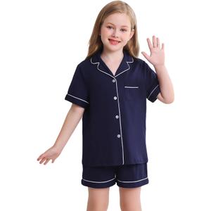 Veseacky Girls Pajamas Sets 100% Cotton PJ ButtonDown Long Sleeve 2 Piece Pajamas Set Boys Girls Pjs  (120-160) (8-9 Years, B-Short-Navy Blue)