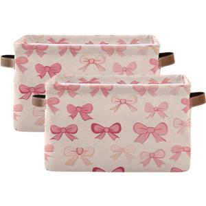 Bow Pink Storage Basket 2PCS, Large Collapsible Toys Clothes Organizer, Long-Lasting Canvas Storage Bin with Handle for Shelves Closet Laundry Home Office Decor (14 x 10 x 8 Inch x 2 Pack)