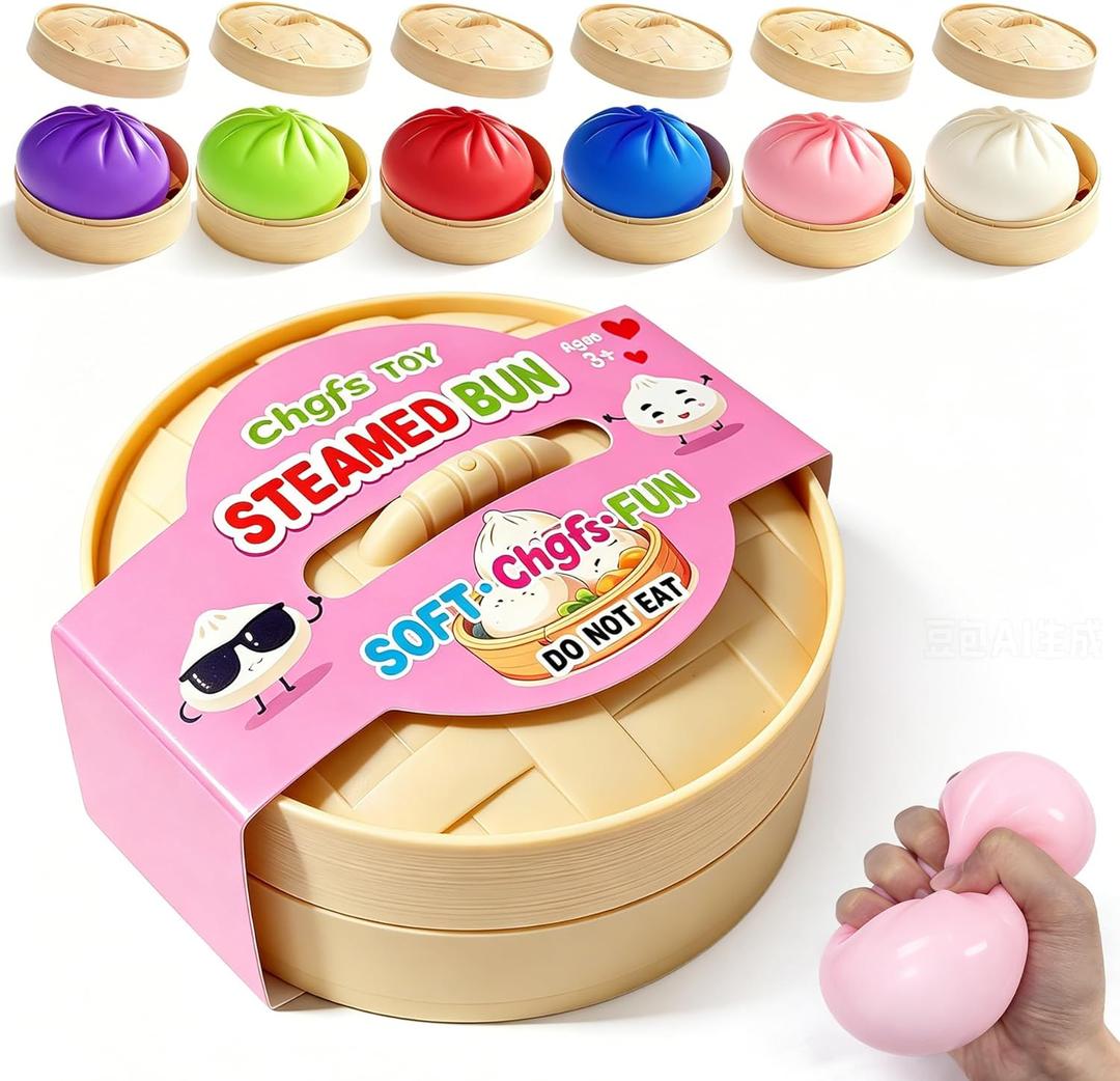 Dumpling Squishies,3.4inch Colorful Dumpling Stress Balls, Fidget Sensory Toy, Squeeze Dough Ball Stress Relief Hand Toys with Food Steamer, Dumpling Squishy Mystery Box, 6 Colors Random (Pack of 4)