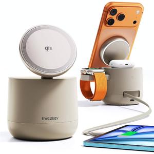 4 in 1 [Official MFI Qi2 PSE Certified] 15W Mag Safe Wireless Charging Station Dock, Threekey Apple Watch Mag Safe Charging Cube with Ambient Light for iPhone 16/15/14/13 12&iWatch&Airpods 4/3/2&iPad