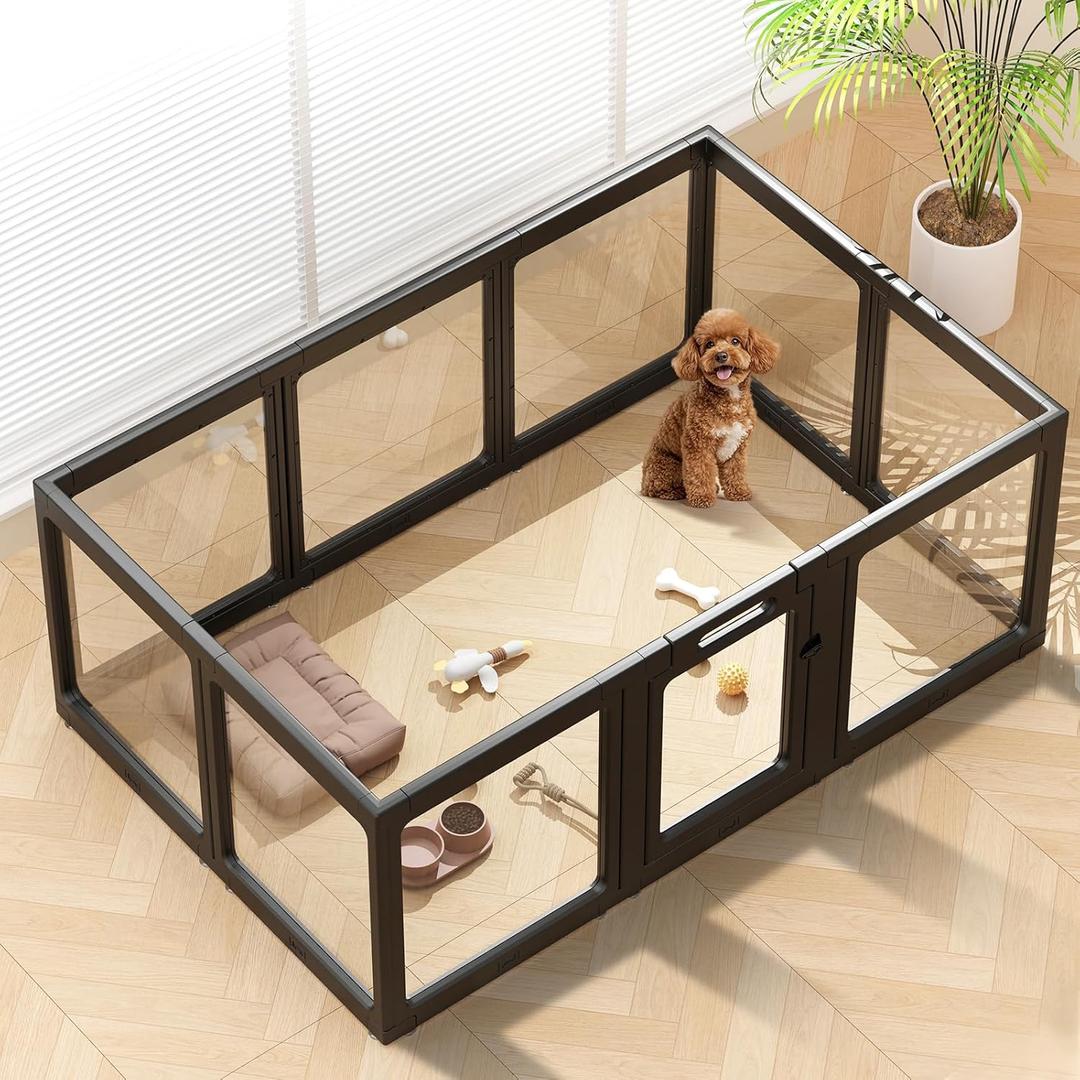 Clear Acrylic Dog Playpen Indoor, Puppy Cat Small Pet Play Pen, Pet Cat Playpen for Rabbits, Dog Fence Crate Kennel Whelping Cage (24", Black, 10 Panel)